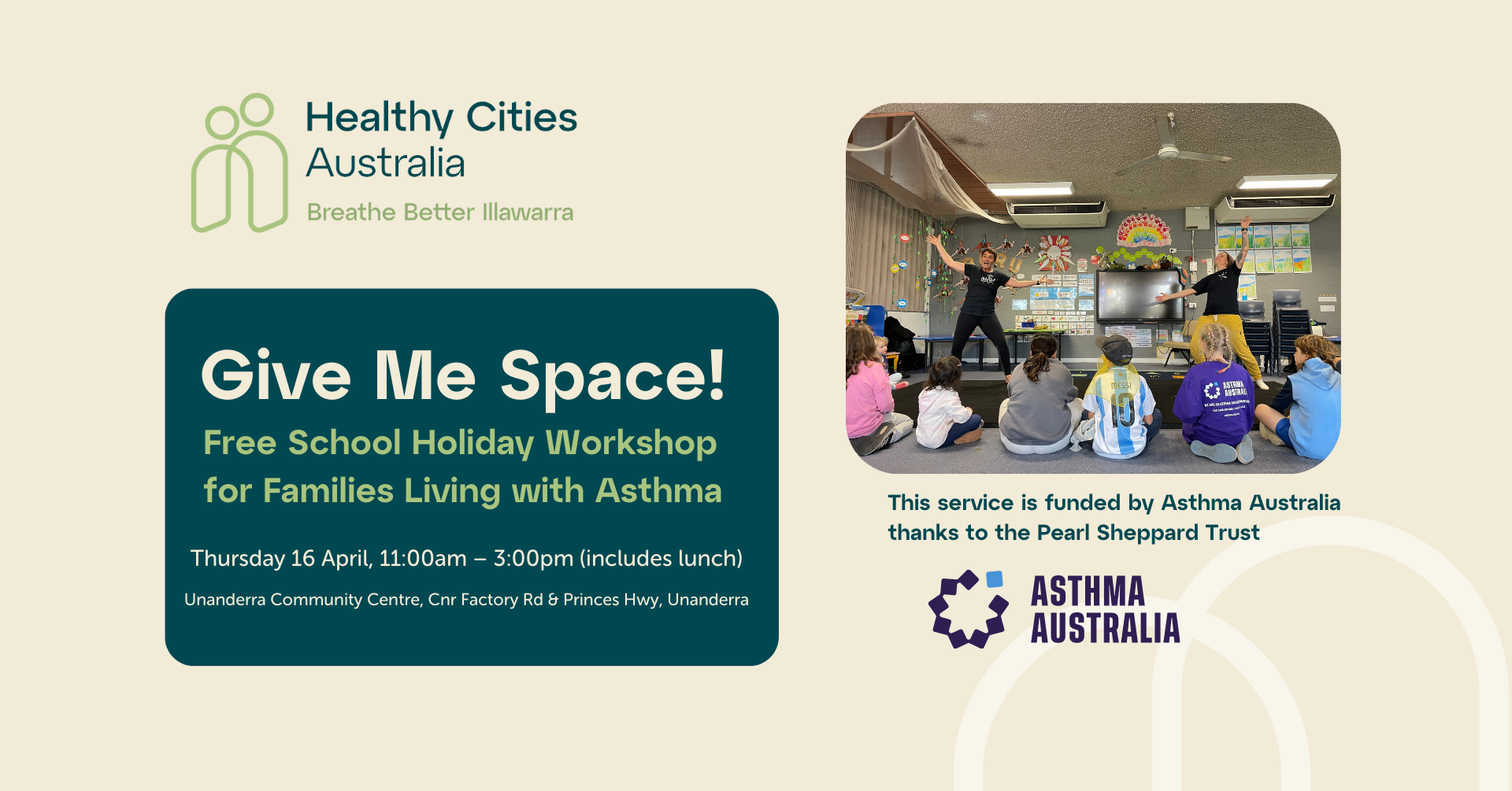 Promotional tile for Give Me Space! workshop featuring a photograph of children watching two adults do a circus performance.